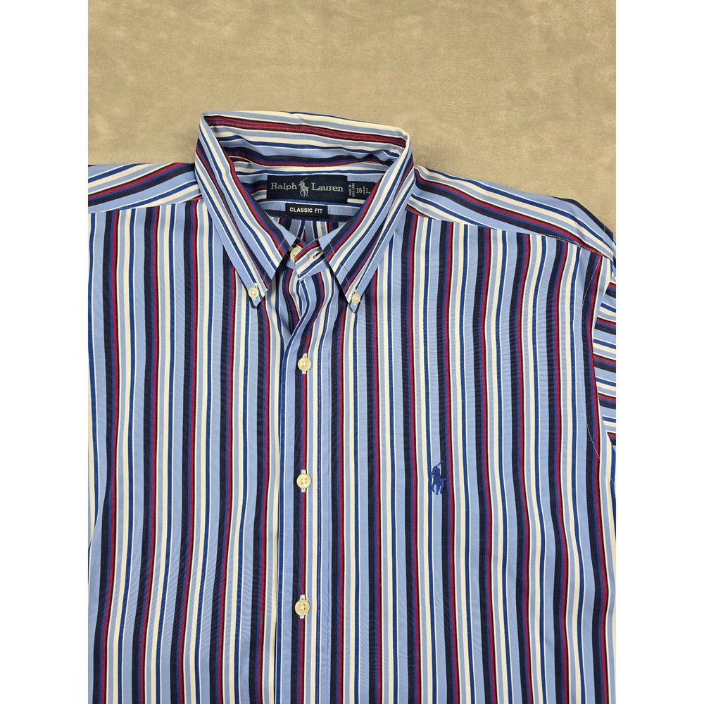 Ralph Lauren Button Down Shirt Men 16 L Blue Striped Classic Fit Long Sleeve Y2K
